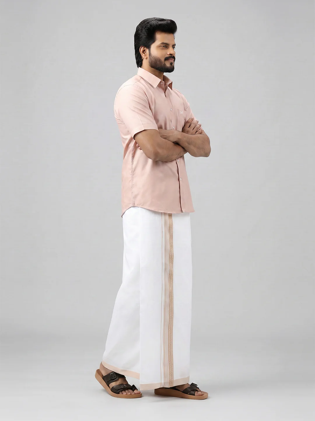Men's Cotton Beige Matching Shirt with Fancy Printed Border Dhoti Combo Luster Trend - Image 3