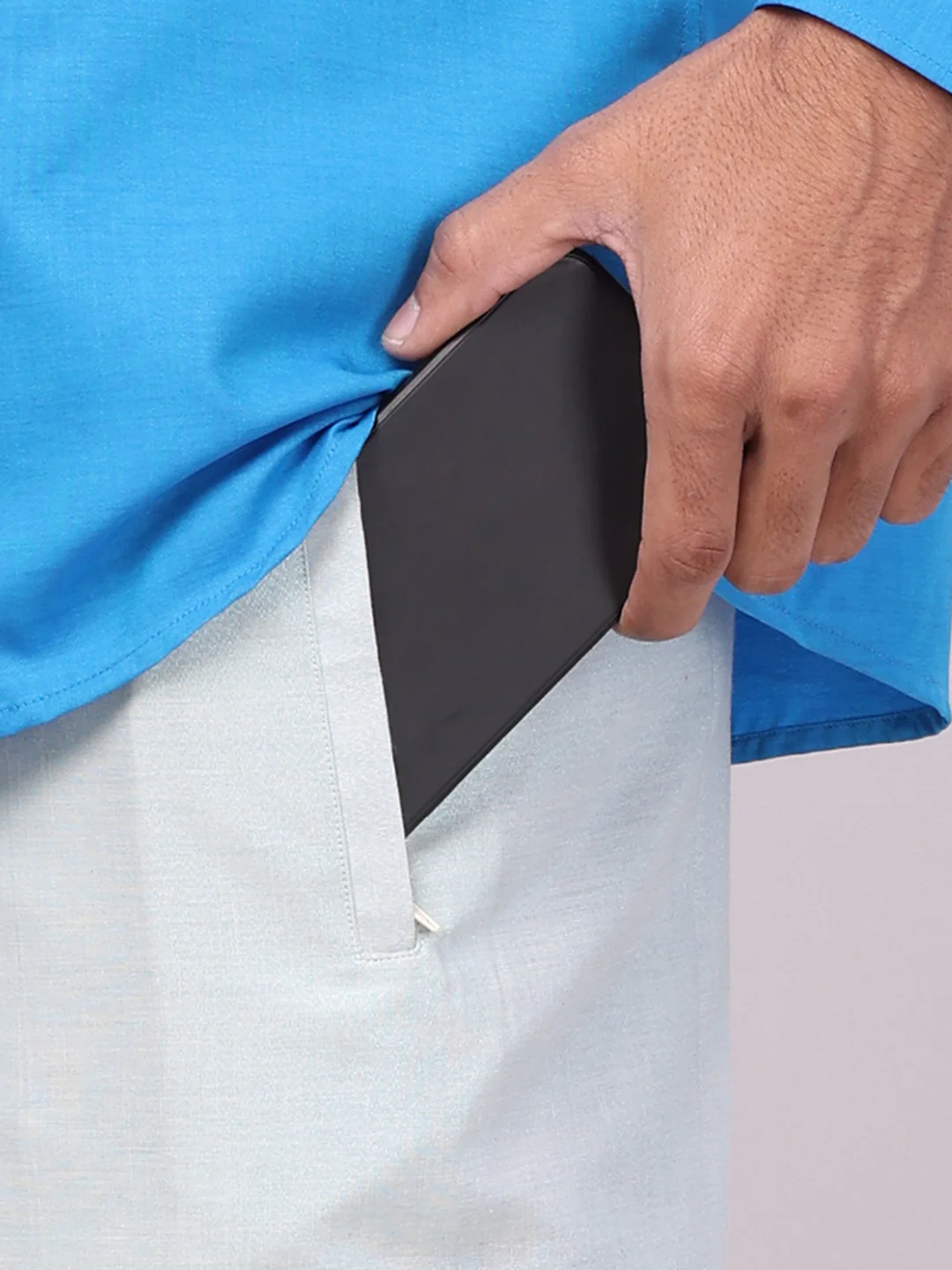 Men's Cotton Blue Shirt with Tissue Matching Border Flexi Dhoti Wedding Combo Kandala - Image 2