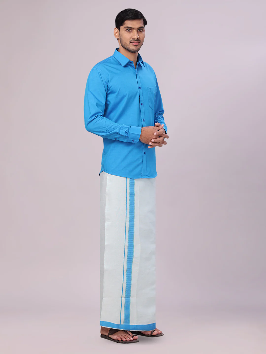 Men's Cotton Blue Shirt with Tissue Matching Border Flexi Dhoti Wedding Combo Kandala - Image 3