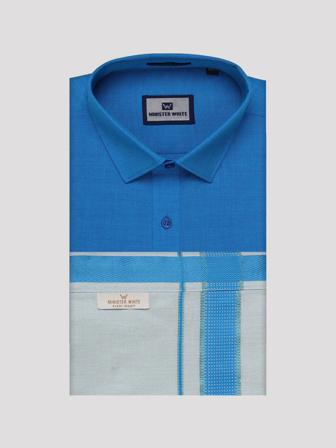 Men's Cotton Blue Shirt with Tissue Matching Border Flexi Dhoti Wedding Combo Kandala - Image 7