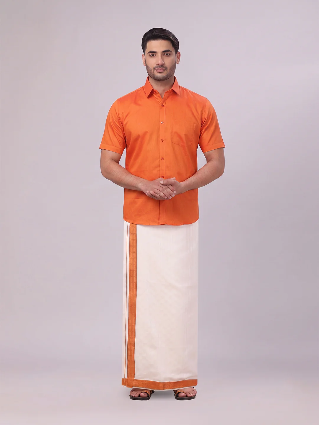 Men's Cotton Brick Shirt and Airtex Matching Border Dhoti Combo Nector - Image 2