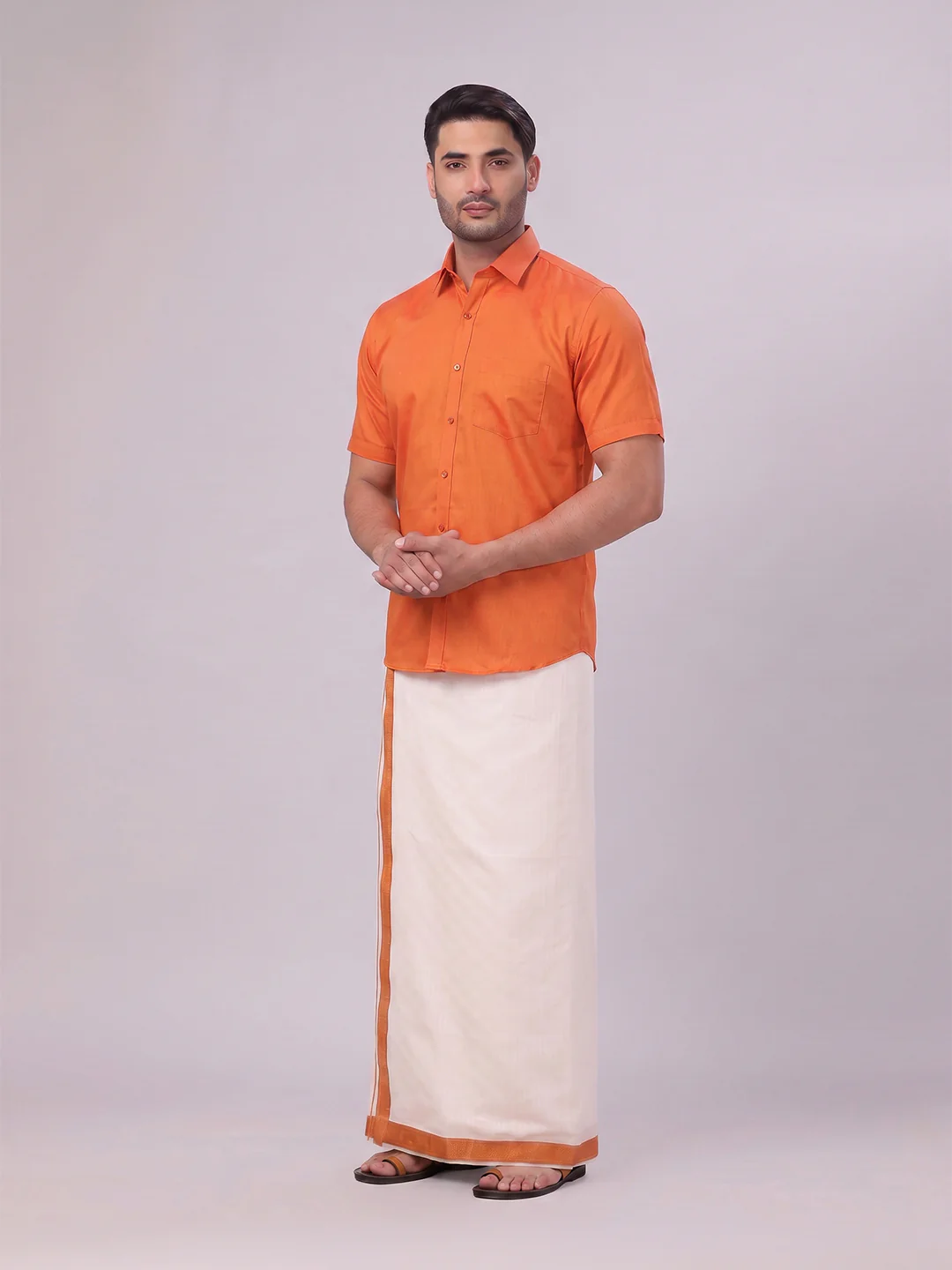 Men's Cotton Brick Shirt and Airtex Matching Border Dhoti Combo Nector - Image 5