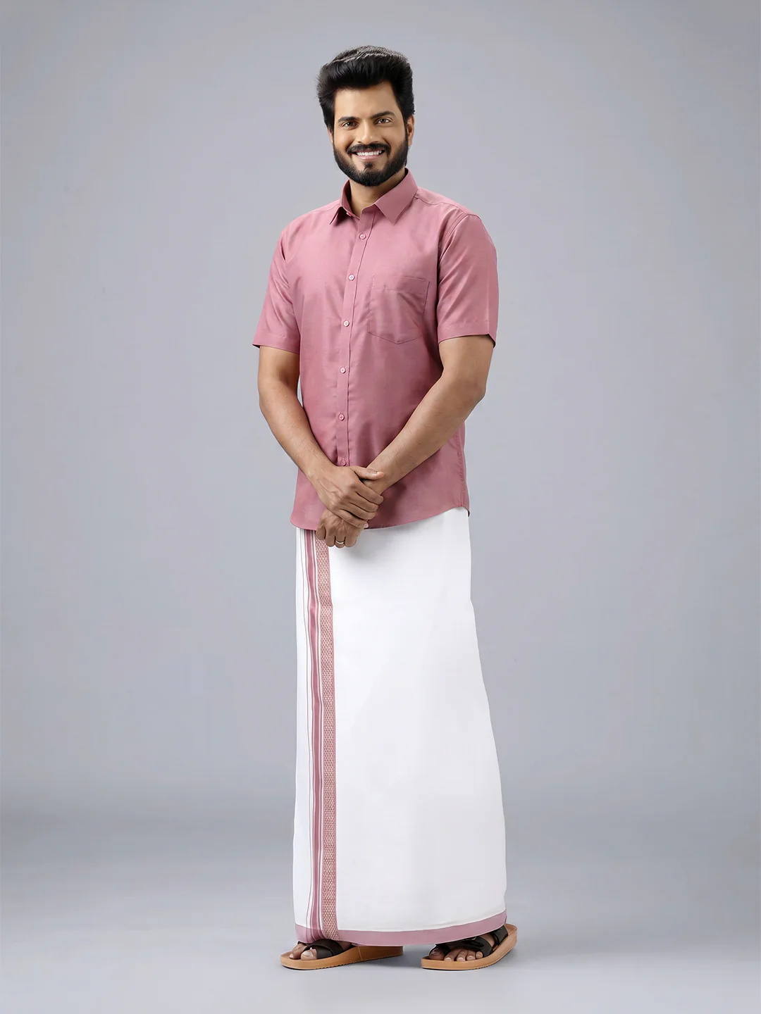 Men's Cotton Dark Pink Matching Shirt with Fancy Printed Border Dhoti Combo Luster Trend - Image 2