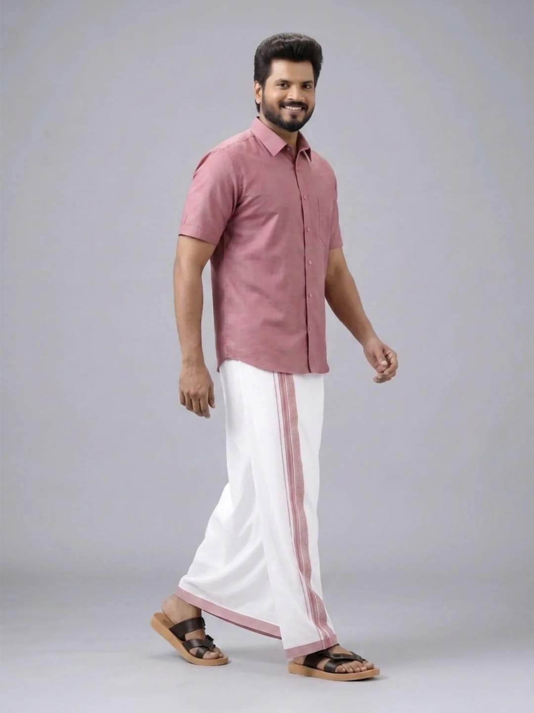 Men's Cotton Dark Pink Matching Shirt with Fancy Printed Border Dhoti Combo Luster Trend - Image 3