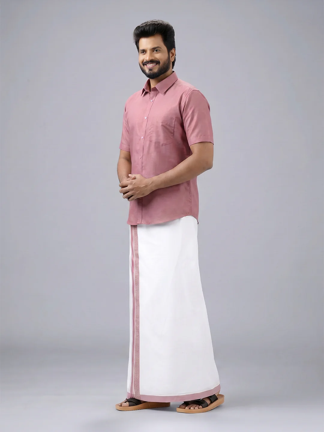 Men's Cotton Dark Pink Matching Shirt with Fancy Printed Border Dhoti Combo Luster Trend - Image 4