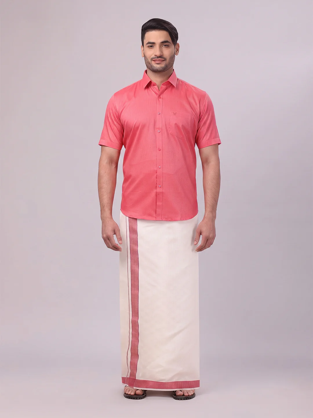 Men's Cotton Dark Pink Shirt and Airtex Matching Border Dhoti Combo Nector - Image 2