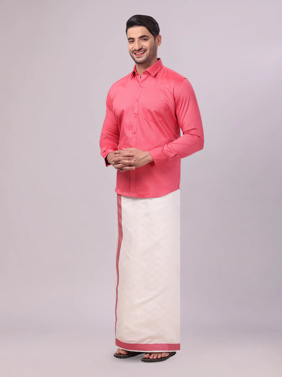 Men's Cotton Dark Pink Shirt and Airtex Matching Border Dhoti Combo Nector - Image 3