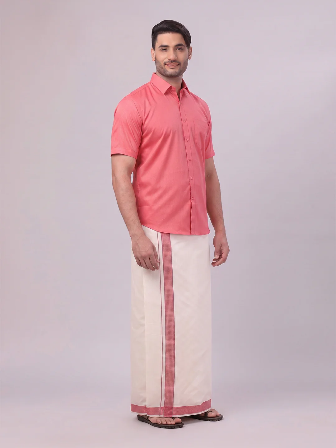 Men's Cotton Dark Pink Shirt and Airtex Matching Border Dhoti Combo Nector - Image 4