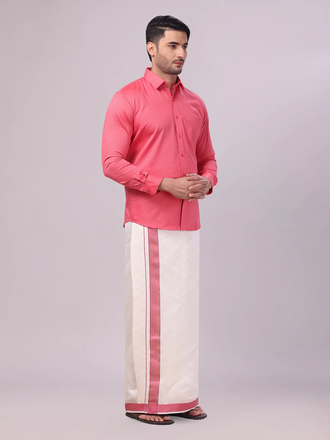 Men's Cotton Dark Pink Shirt and Airtex Matching Border Dhoti Combo Nector - Image 5