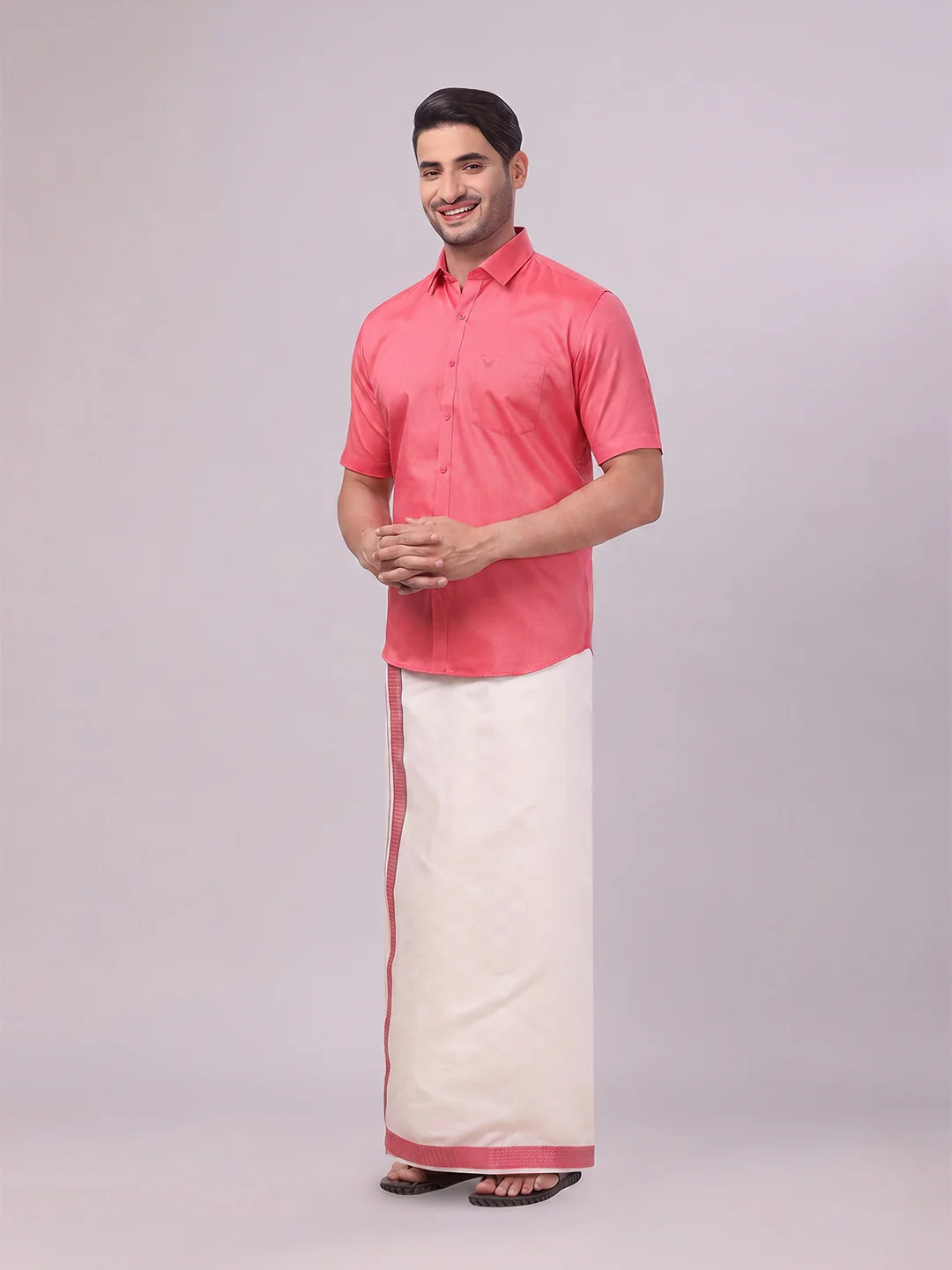 Men's Cotton Dark Pink Shirt and Airtex Matching Border Dhoti Combo Nector - Image 6