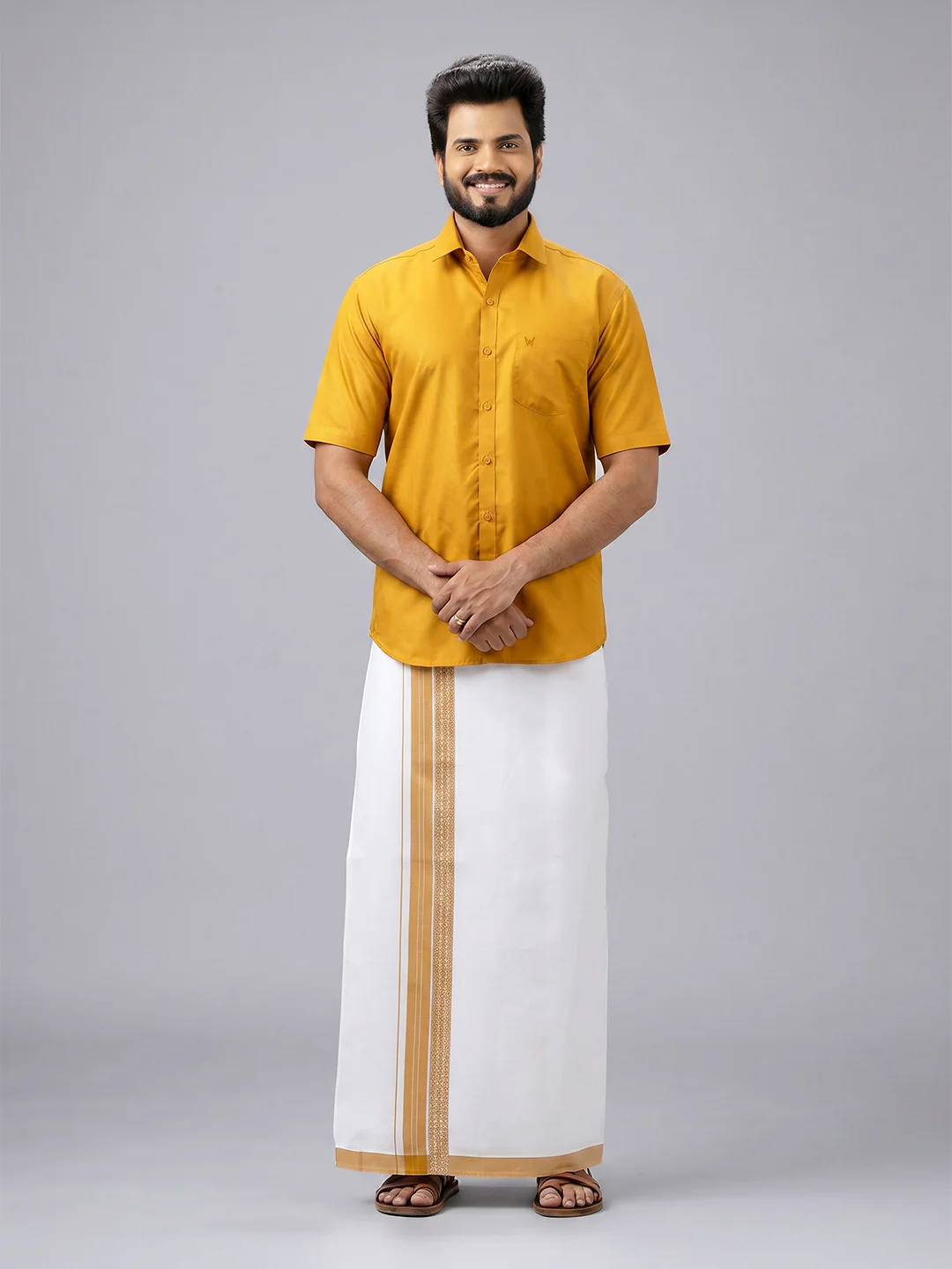 Men's Cotton Golden Yellow Matching Shirt with Fancy Printed Border Dhoti Combo Luster Trend - Image 2