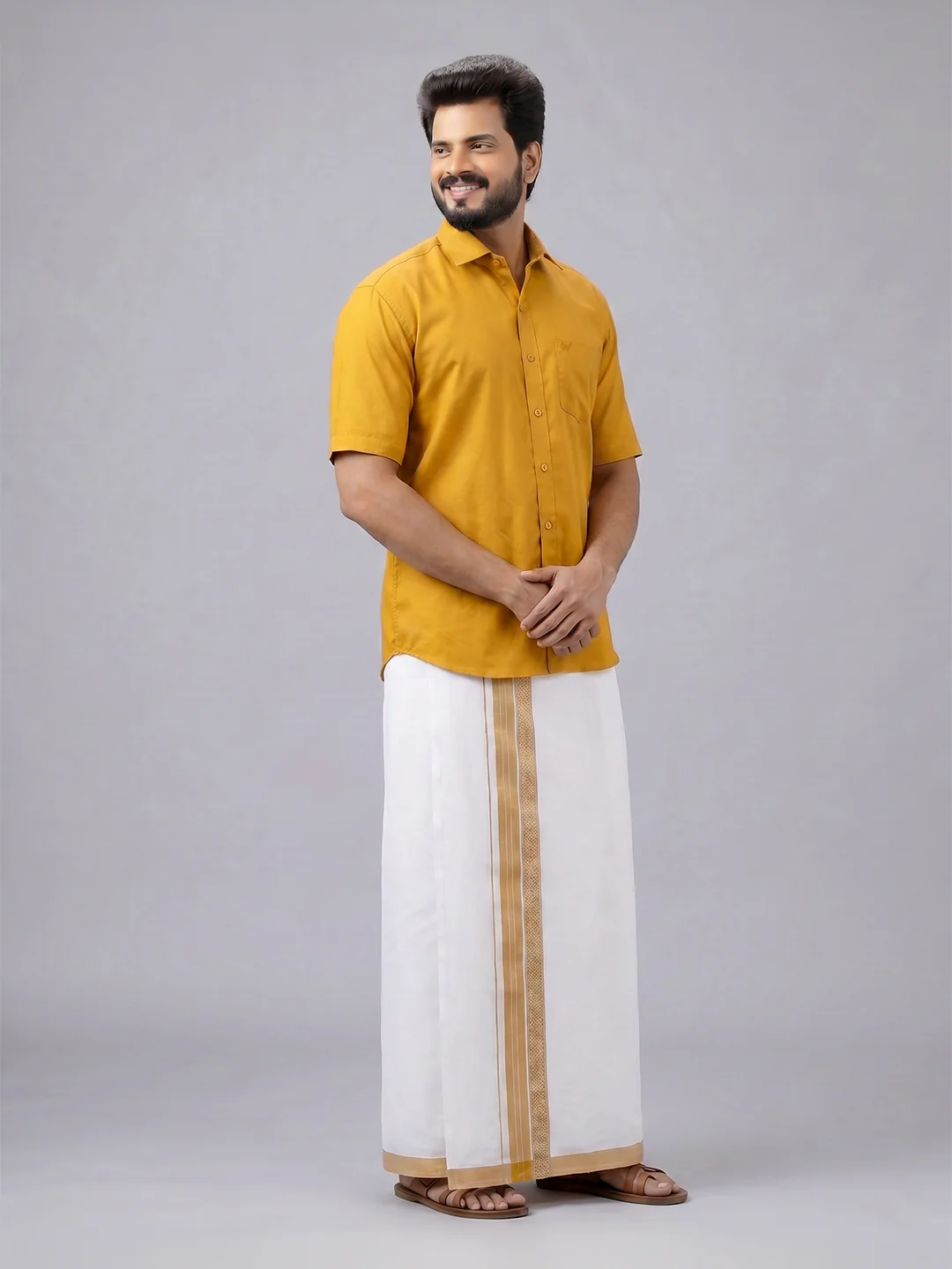 Men's Cotton Golden Yellow Matching Shirt with Fancy Printed Border Dhoti Combo Luster Trend - Image 3