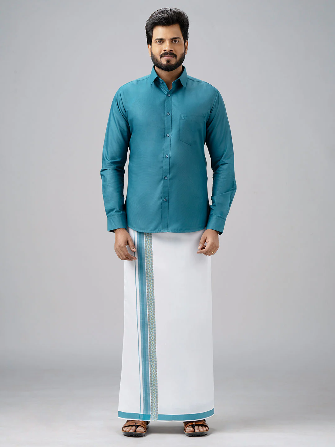 Men's Cotton Green Matching Shirt with Fancy Printed Border Dhoti Combo Luster Trend