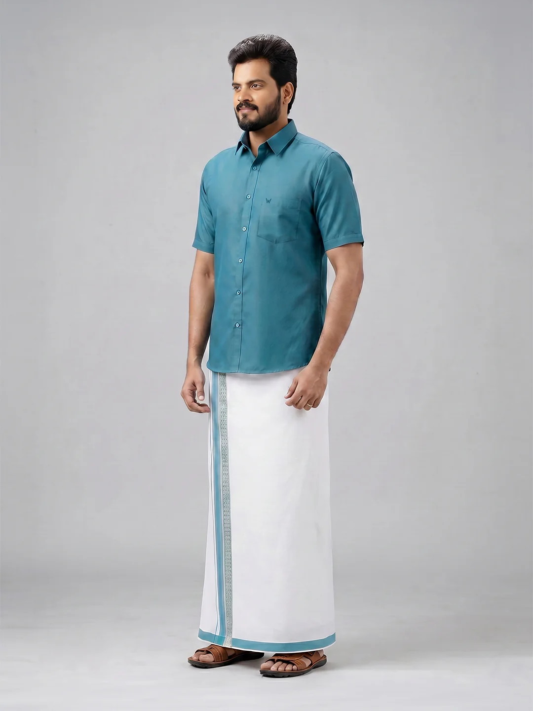 Men's Cotton Green Matching Shirt with Fancy Printed Border Dhoti Combo Luster Trend - Image 3