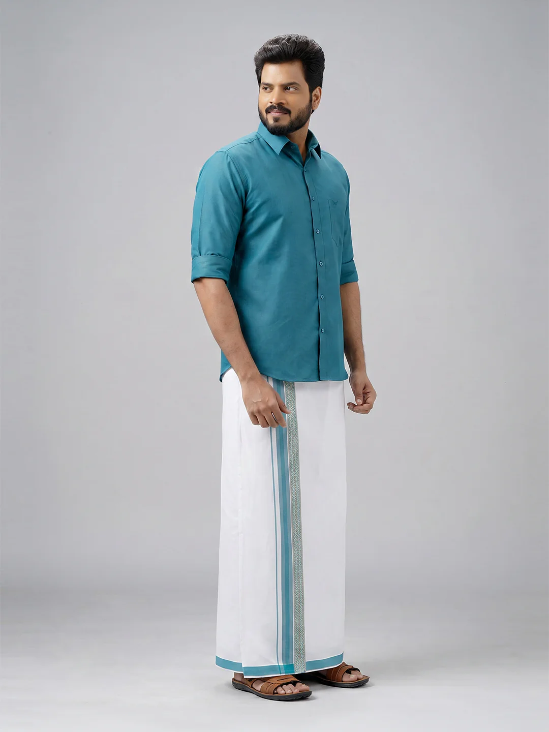 Men's Cotton Green Matching Shirt with Fancy Printed Border Dhoti Combo Luster Trend - Image 4