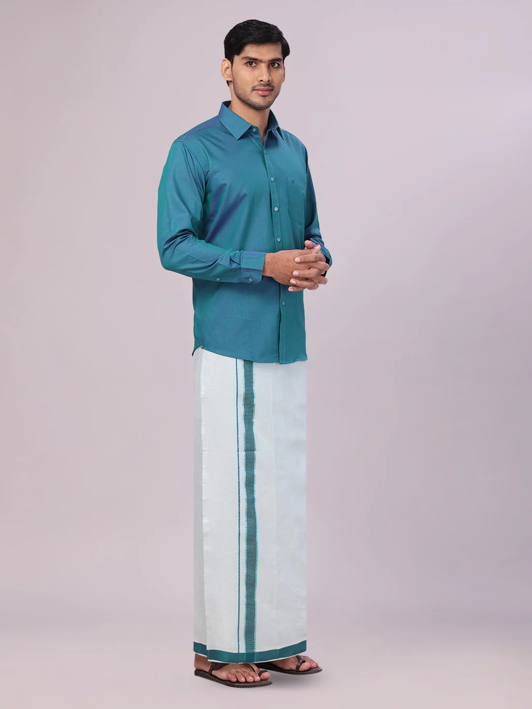 Men's Cotton Green Shirt with Tissue Matching Border Flexi Dhoti Wedding Combo Kandala - Image 3