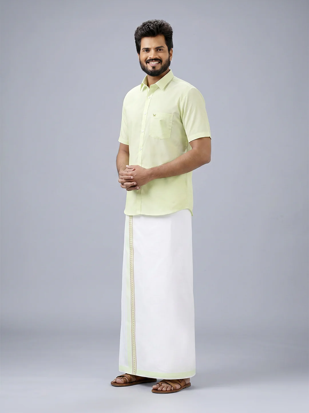 Men's Cotton Light Green Matching Shirt with Fancy Printed Border Dhoti Combo Luster Trend - Image 3