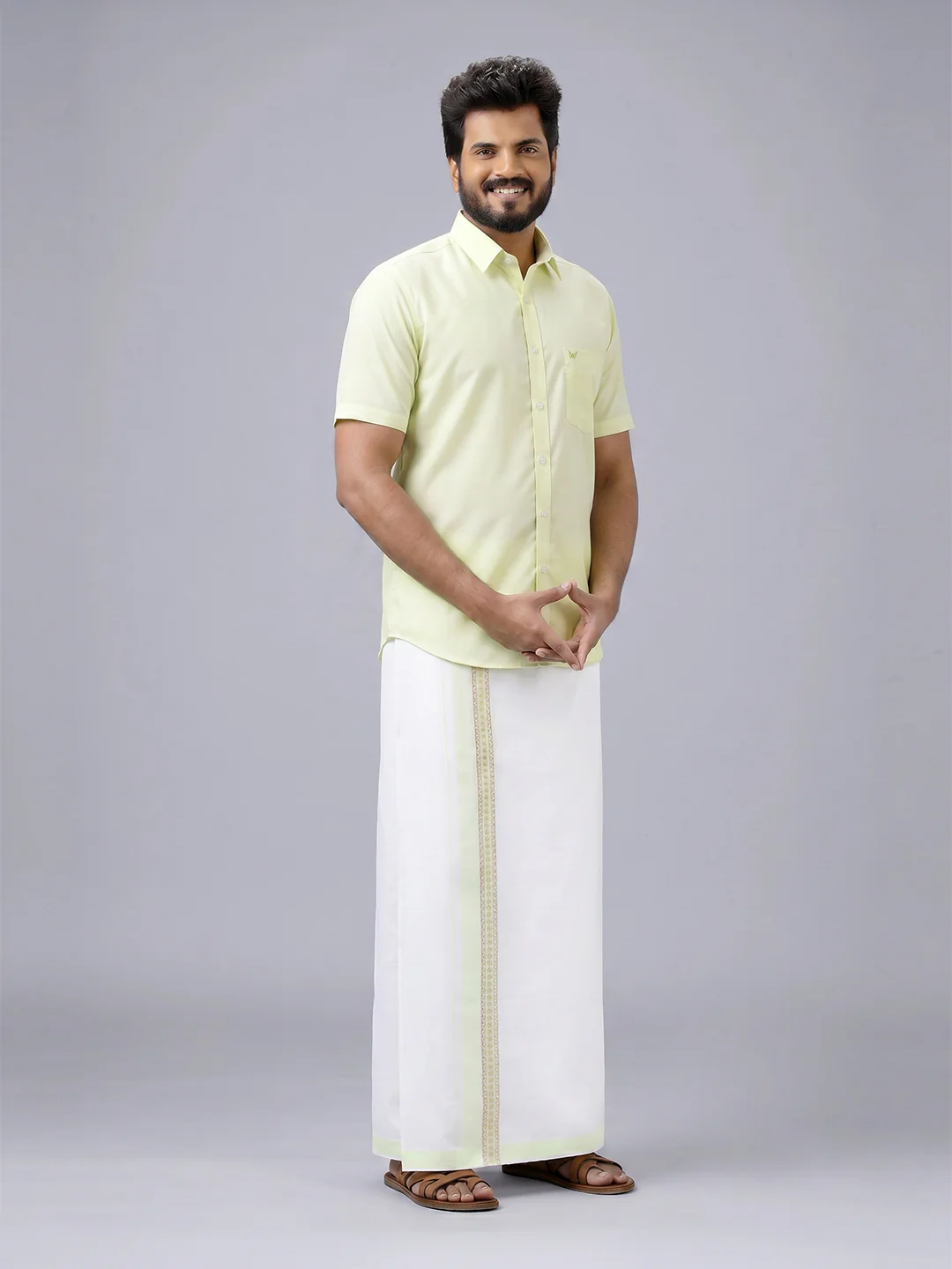 Men's Cotton Light Green Matching Shirt with Fancy Printed Border Dhoti Combo Luster Trend - Image 4