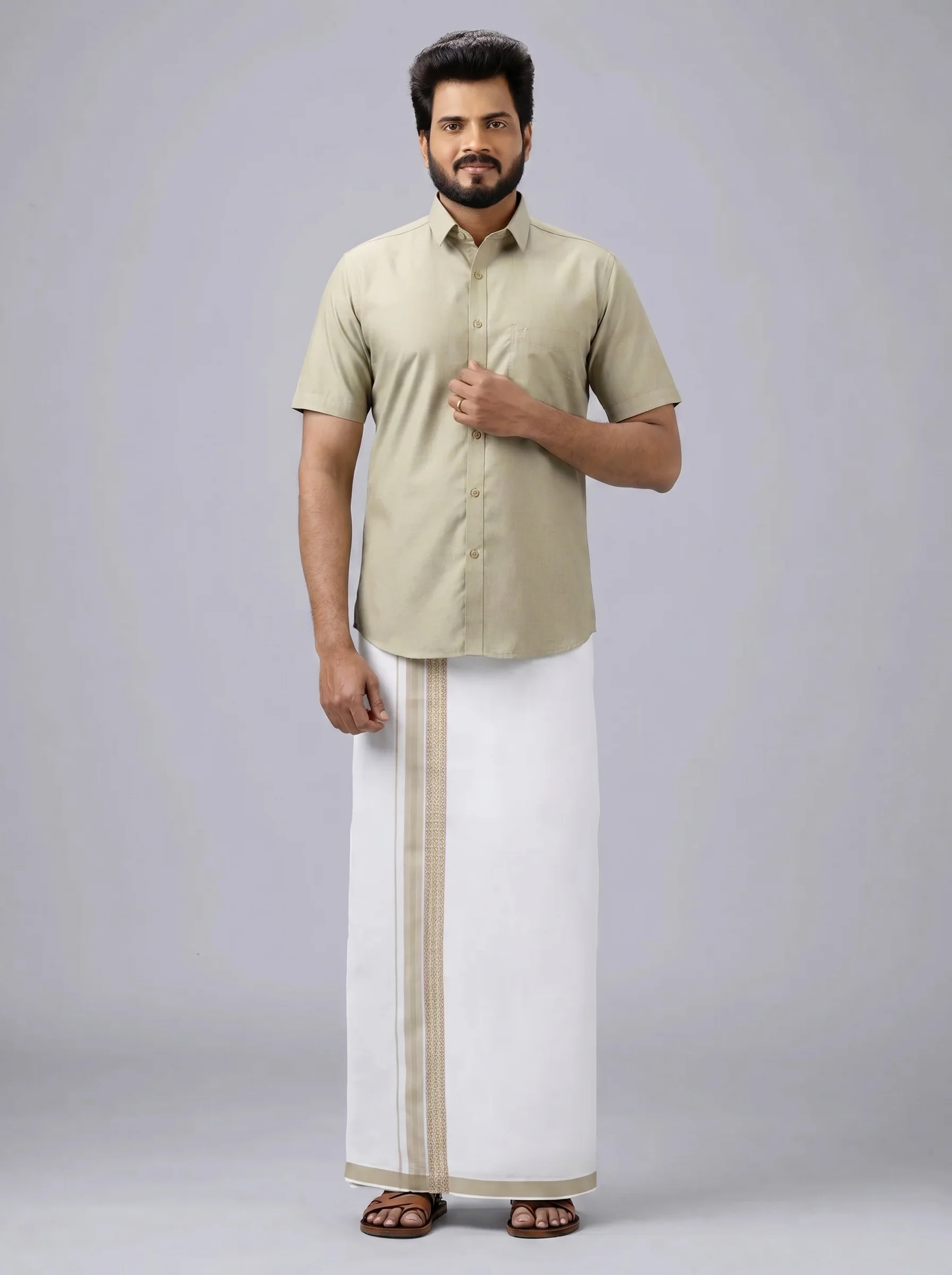Men's Cotton Light Olive Matching Shirt with Fancy Printed Border Dhoti Combo Luster Trend - Image 2