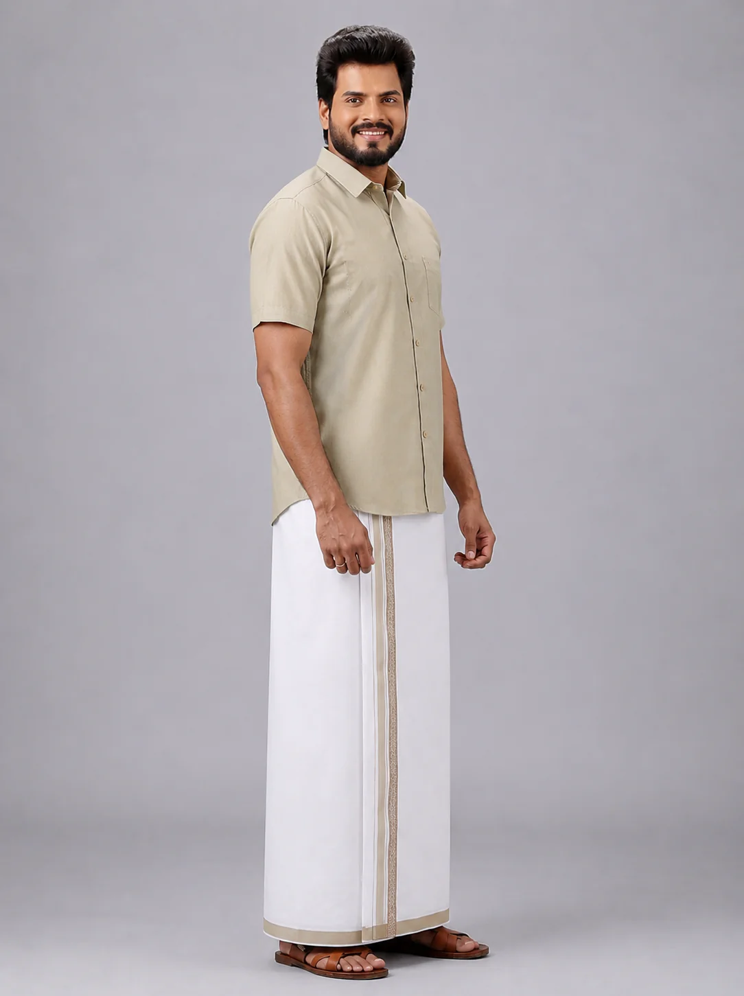 Men's Cotton Light Olive Matching Shirt with Fancy Printed Border Dhoti Combo Luster Trend - Image 3