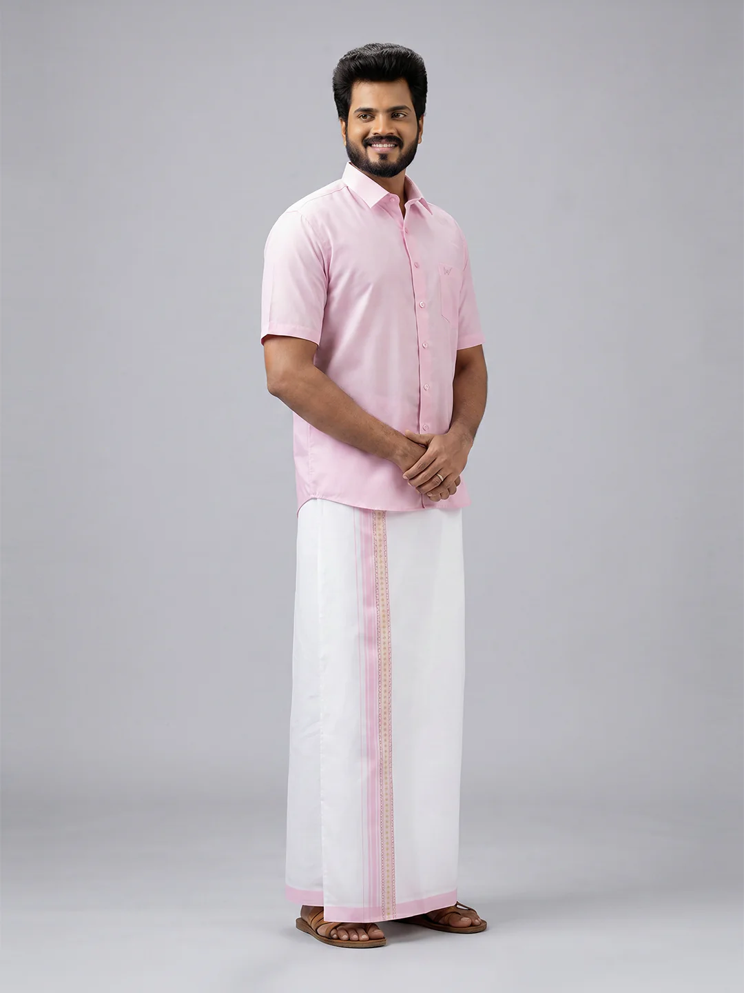 Men's Cotton Light Pink Matching Shirt with Fancy Printed Border Dhoti Combo Luster Trend - Image 3