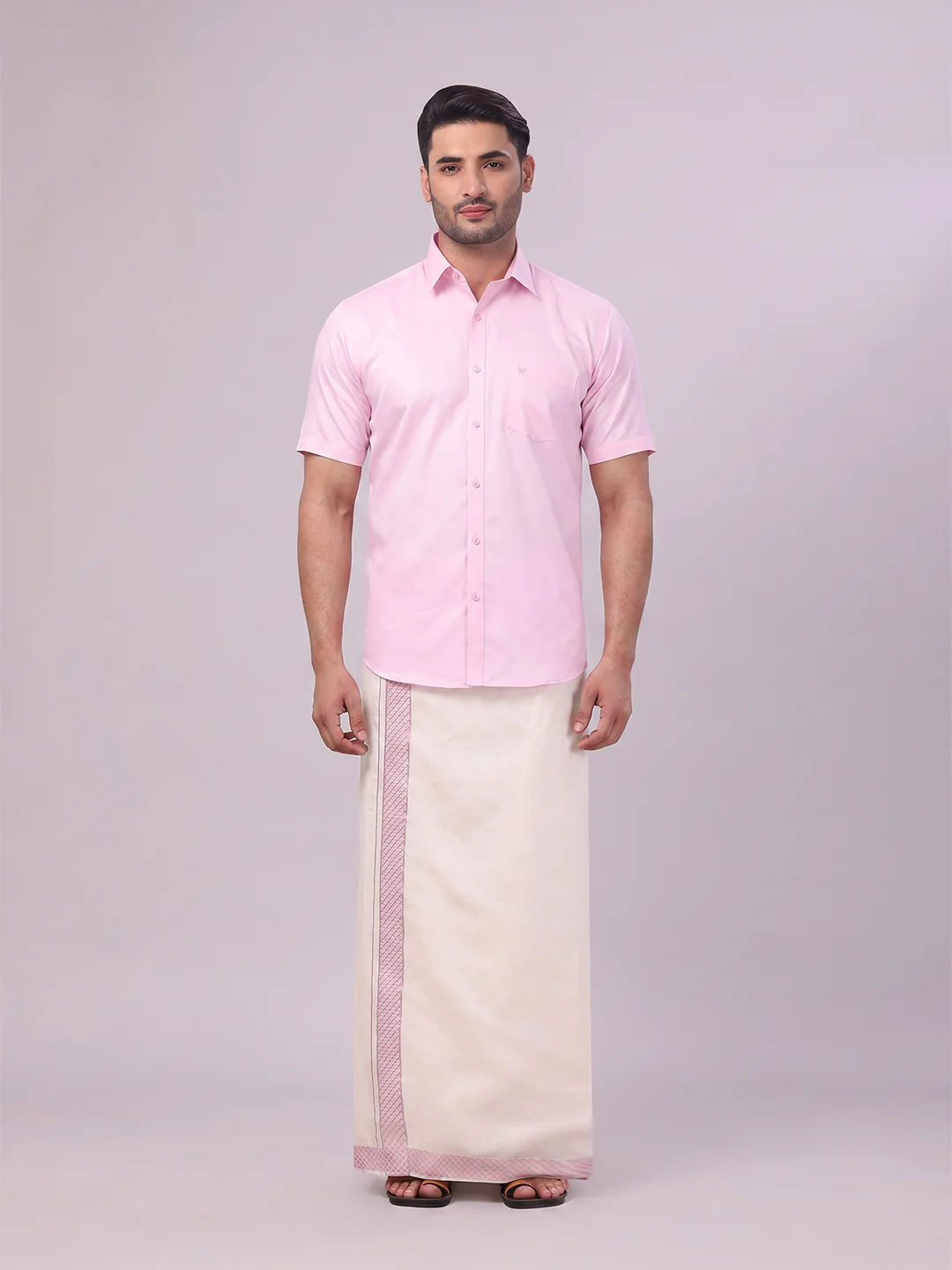Men's Cotton Light Rose Shirt and Airtex Matching Border Dhoti Combo Nector - Image 2