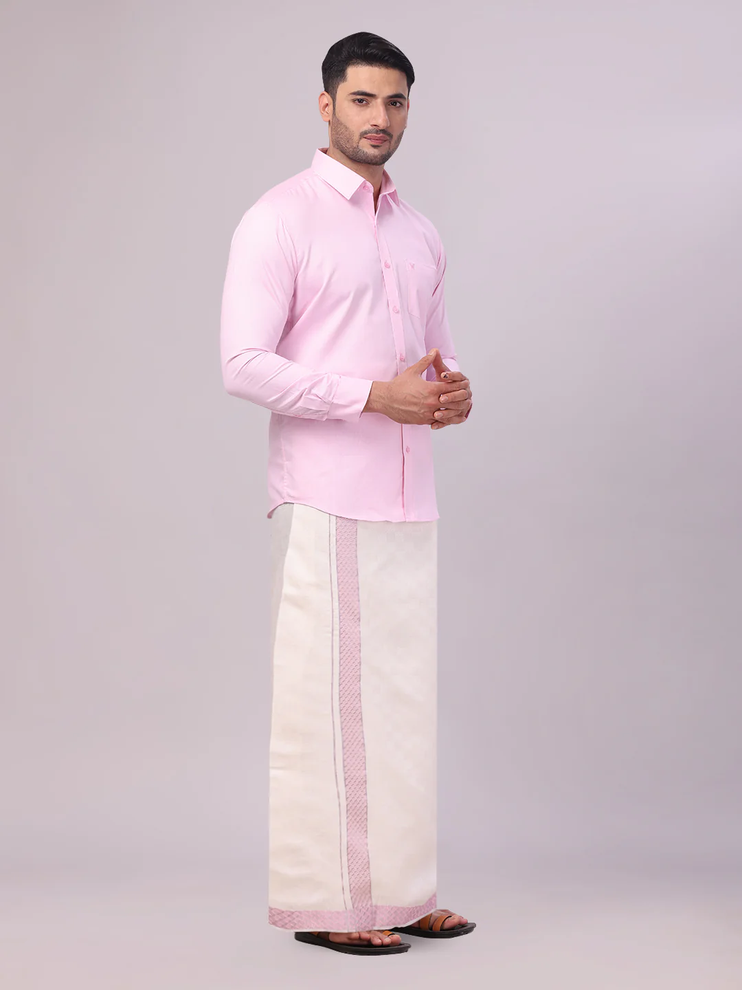 Men's Cotton Light Rose Shirt and Airtex Matching Border Dhoti Combo Nector - Image 3
