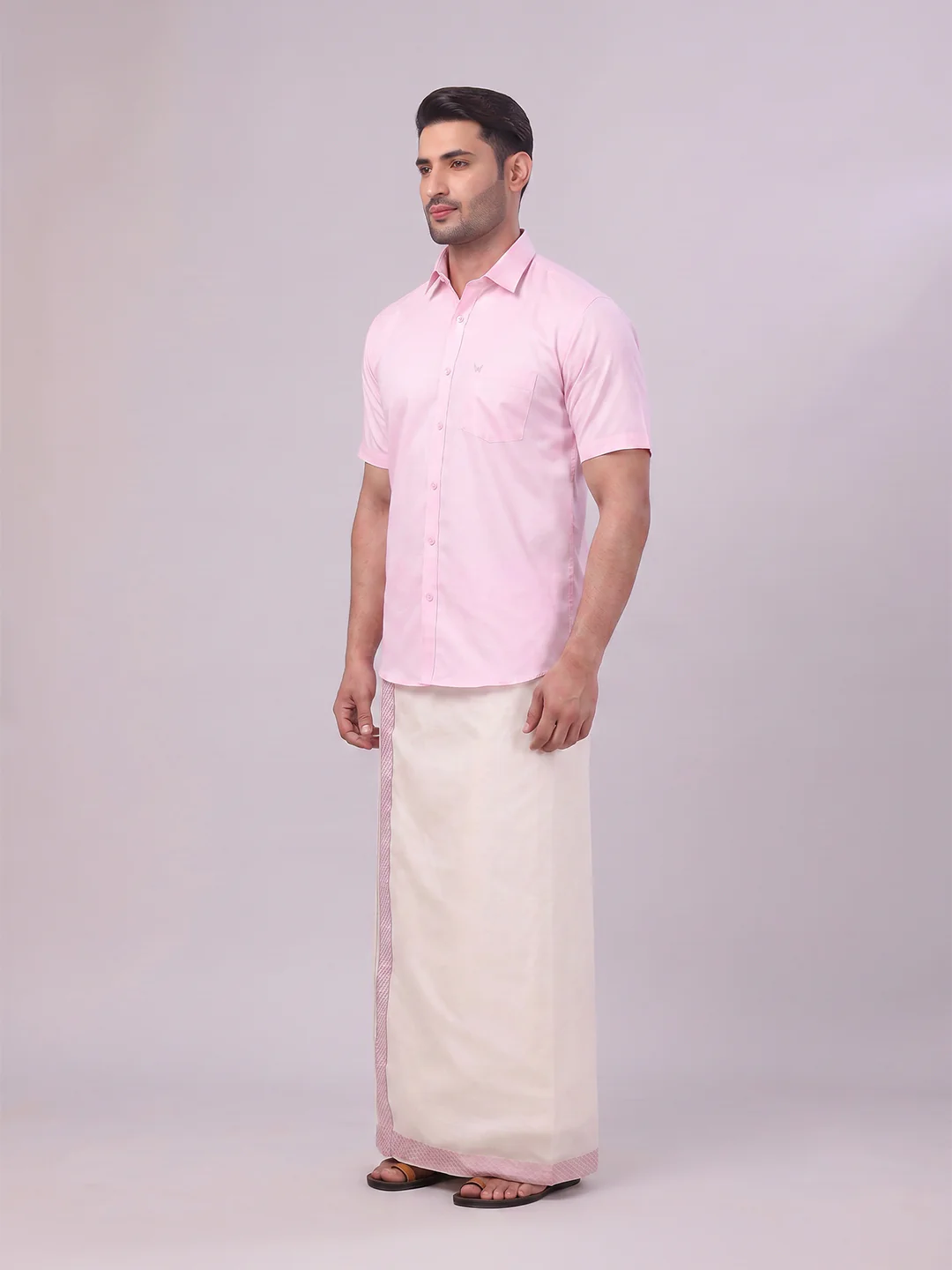 Men's Cotton Light Rose Shirt and Airtex Matching Border Dhoti Combo Nector - Image 4