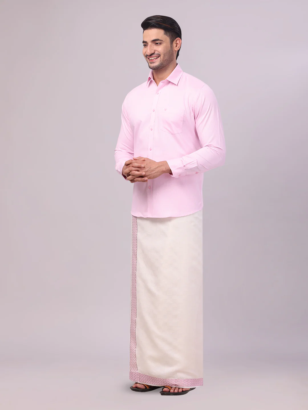 Men's Cotton Light Rose Shirt and Airtex Matching Border Dhoti Combo Nector - Image 5