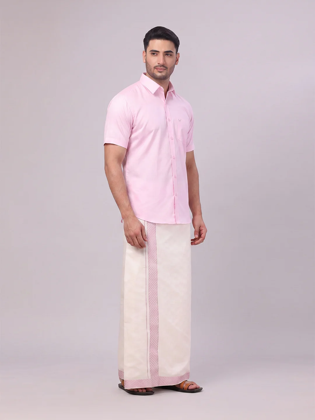 Men's Cotton Light Rose Shirt and Airtex Matching Border Dhoti Combo Nector - Image 6