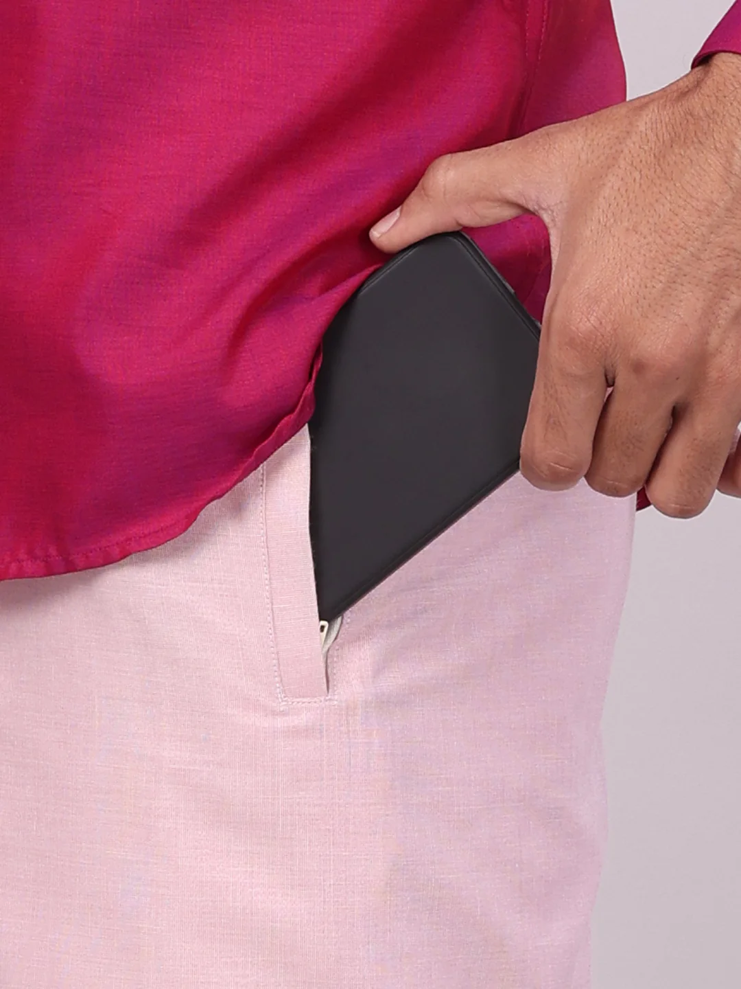 Men's Cotton Magenta Shirt with Tissue Matching Border Flexi Dhoti Wedding Combo Kandala - Image 2