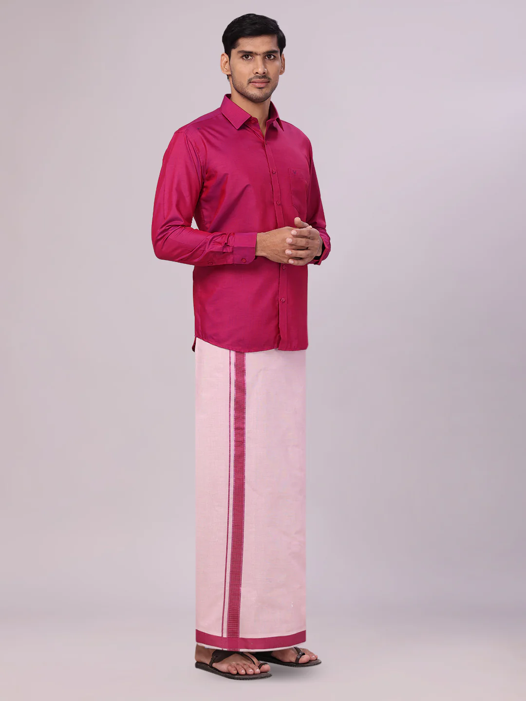 Men's Cotton Magenta Shirt with Tissue Matching Border Flexi Dhoti Wedding Combo Kandala - Image 3