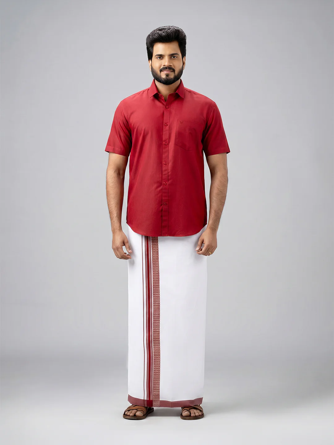 Men's Cotton Maroon Matching Shirt with Fancy Printed Border Dhoti Combo Luster Trend - Image 2
