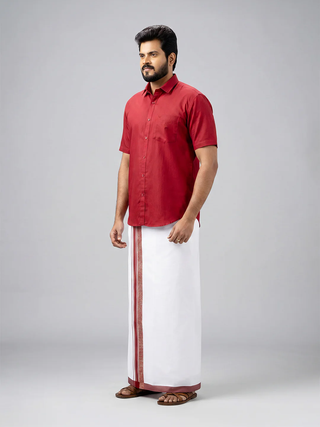Men's Cotton Maroon Matching Shirt with Fancy Printed Border Dhoti Combo Luster Trend - Image 3