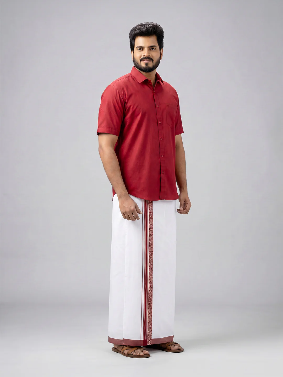 Men's Cotton Maroon Matching Shirt with Fancy Printed Border Dhoti Combo Luster Trend - Image 4