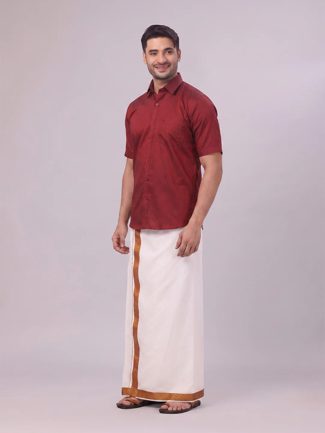 Men's Cotton Maroon Shirt and Airtex Matching Border Dhoti Combo Nector - Image 3