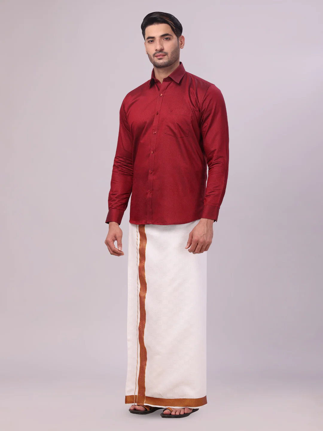 Men's Cotton Maroon Shirt and Airtex Matching Border Dhoti Combo Nector - Image 4