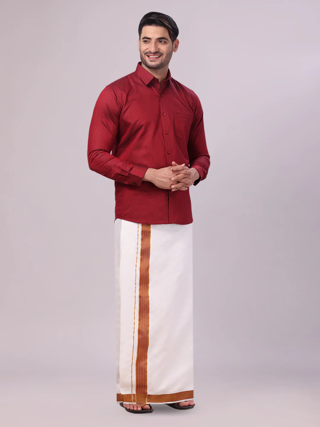 Men's Cotton Maroon Shirt and Airtex Matching Border Dhoti Combo Nector - Image 6
