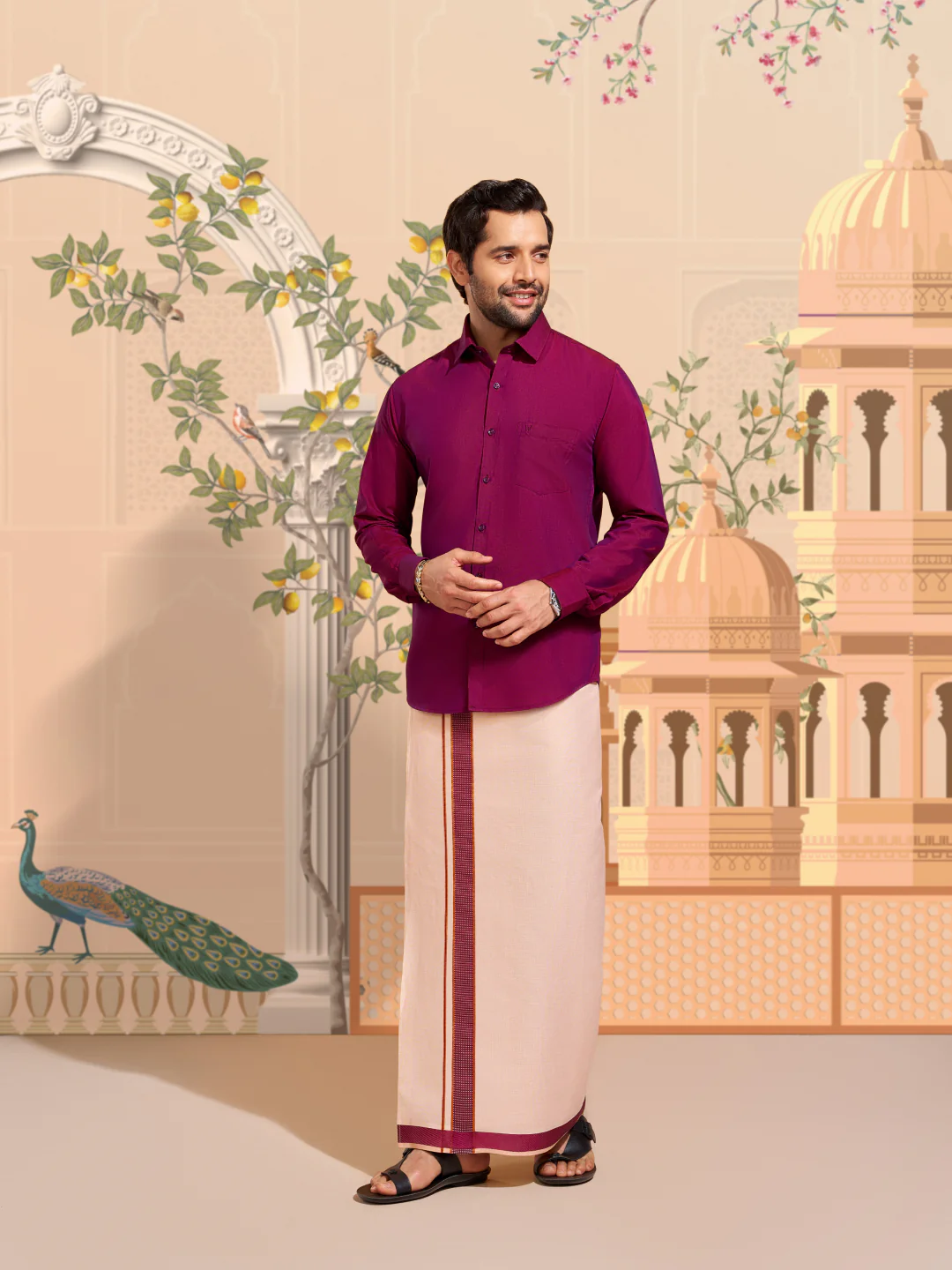 Men's Cotton Maroon Shirt with Tissue Matching Border Flexi Dhoti Wedding Combo Kandala