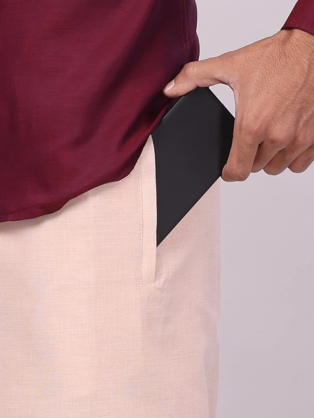 Men's Cotton Maroon Shirt with Tissue Matching Border Flexi Dhoti Wedding Combo Kandala - Image 3