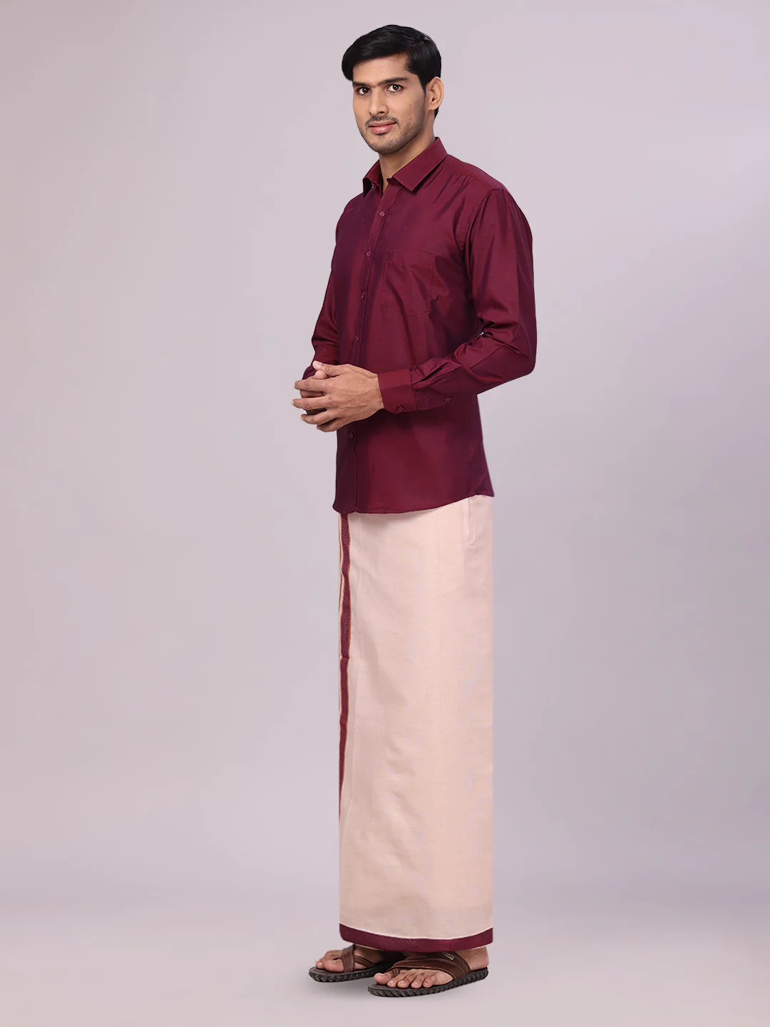 Men's Cotton Maroon Shirt with Tissue Matching Border Flexi Dhoti Wedding Combo Kandala - Image 5