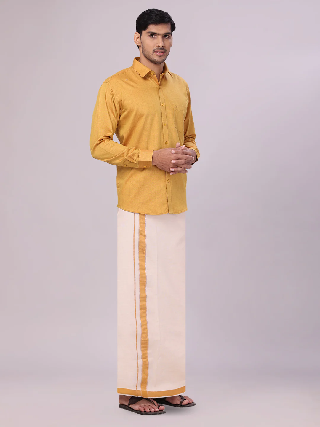 Men's Cotton Mustard Shirt with Tissue Matching Border Flexi Dhoti Wedding Combo Kandala - Image 3