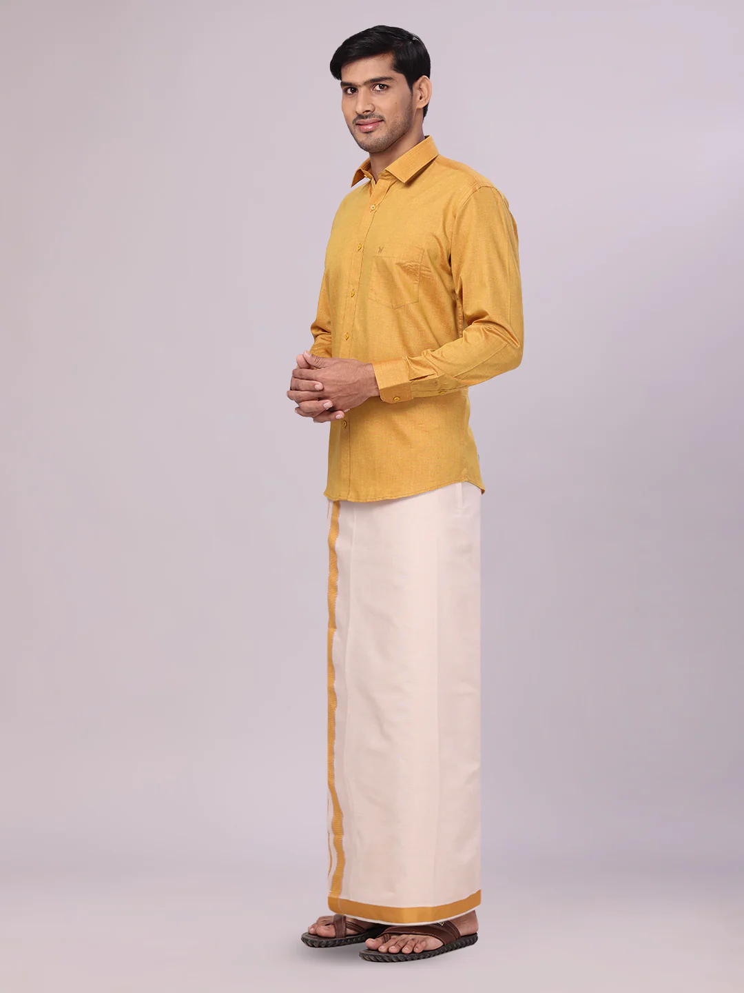 Men's Cotton Mustard Shirt with Tissue Matching Border Flexi Dhoti Wedding Combo Kandala - Image 4