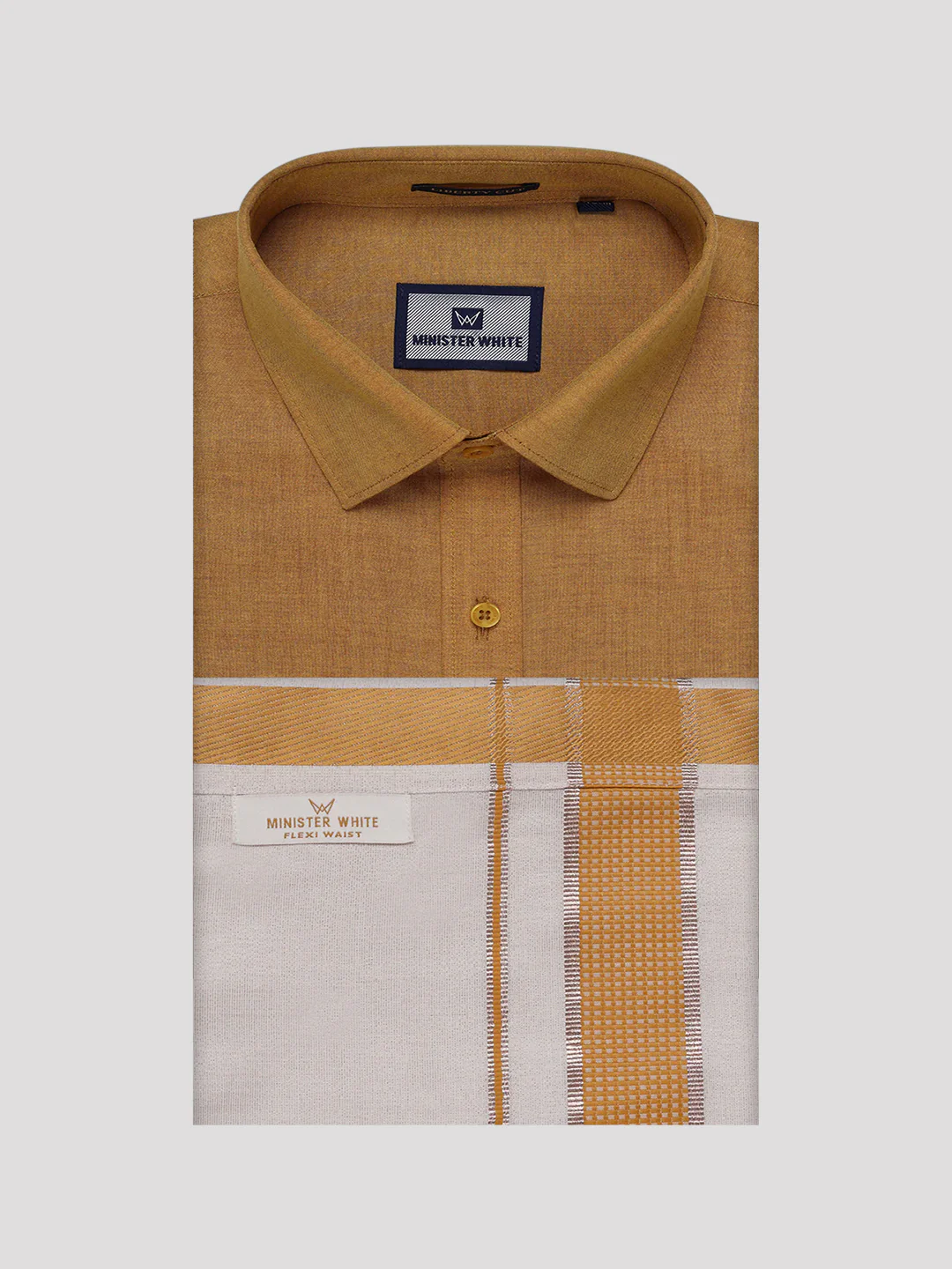 Men's Cotton Mustard Shirt with Tissue Matching Border Flexi Dhoti Wedding Combo Kandala - Image 8