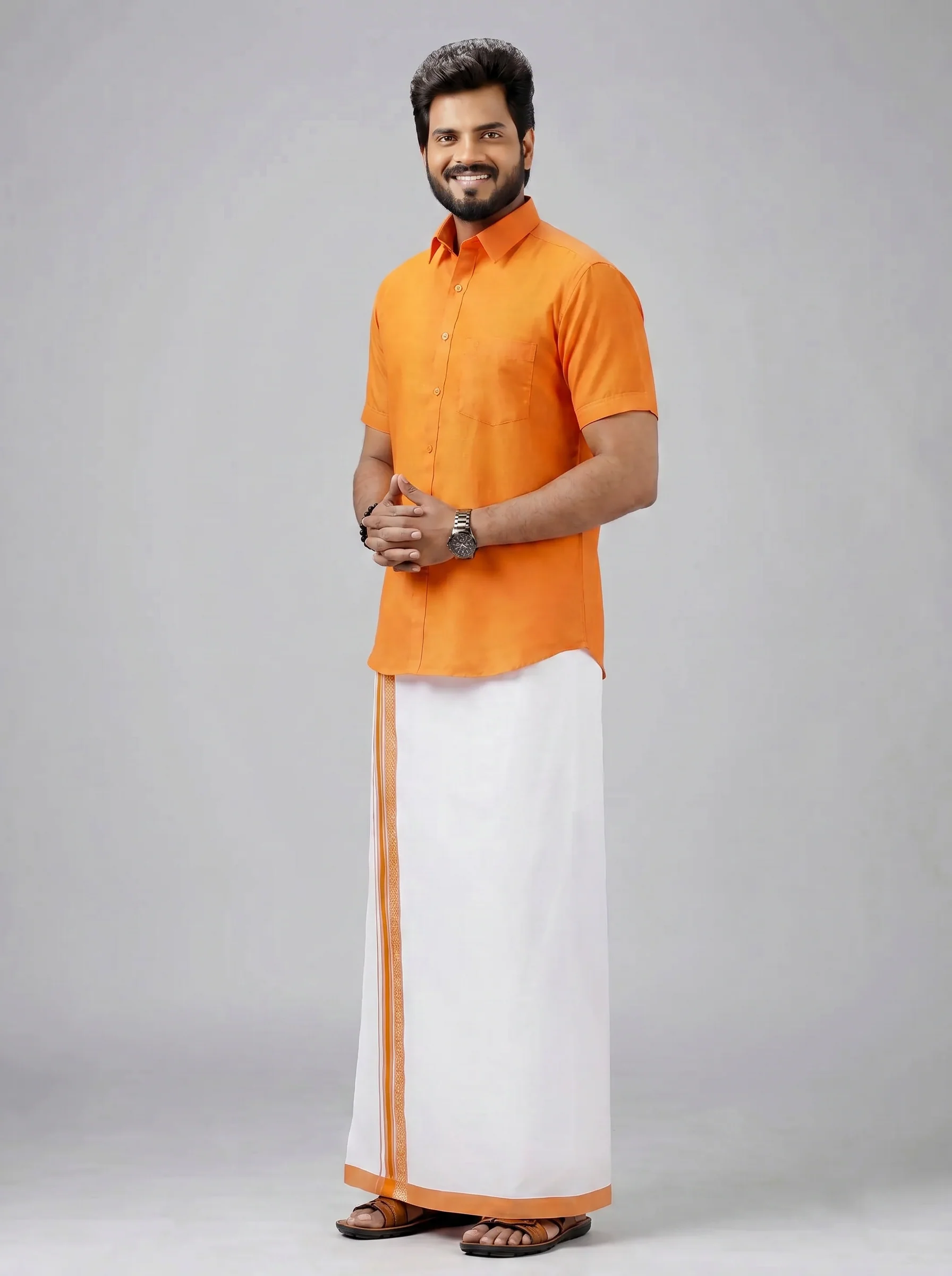 Men's Cotton Orange Matching Shirt with Fancy Printed Border Dhoti Combo Luster Trend - Image 3