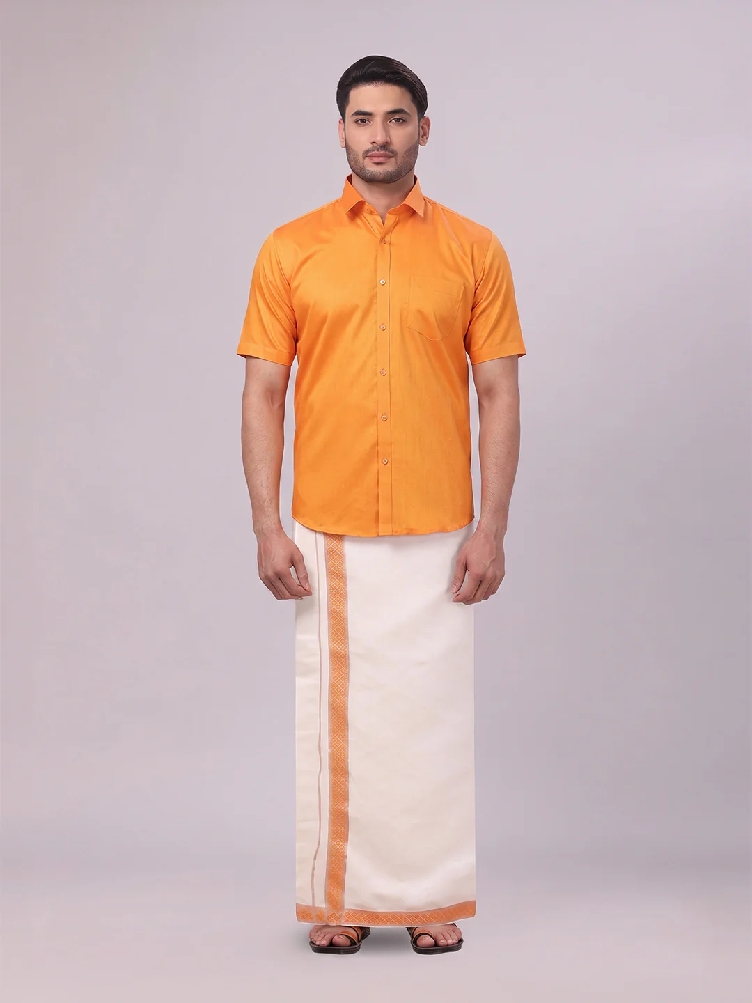 Men's Cotton Orange Shirt and Airtex Matching Border Dhoti Combo Nector - Image 2