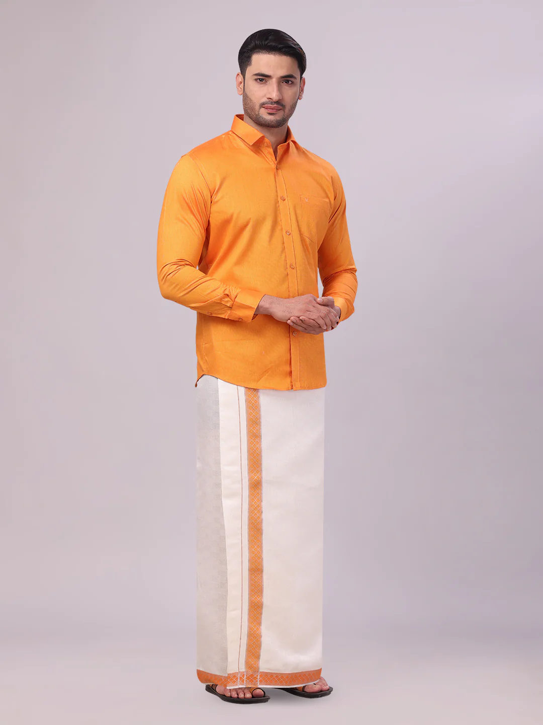 Men's Cotton Orange Shirt and Airtex Matching Border Dhoti Combo Nector - Image 3