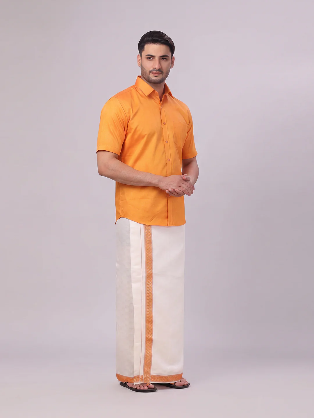 Men's Cotton Orange Shirt and Airtex Matching Border Dhoti Combo Nector - Image 4