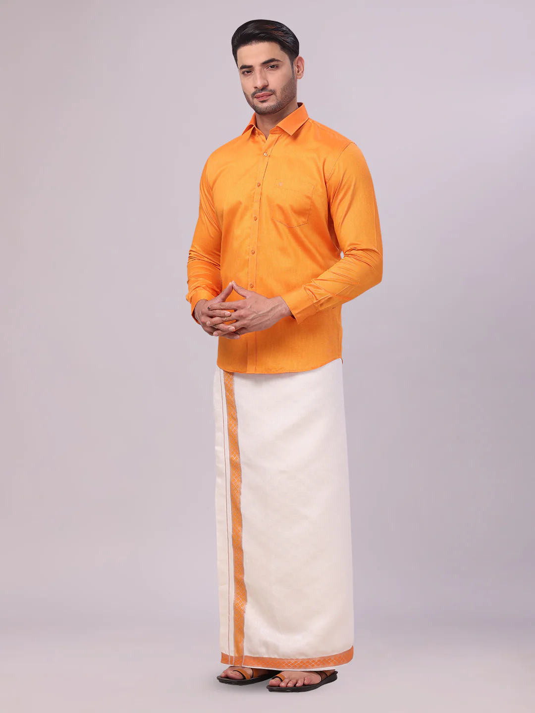 Men's Cotton Orange Shirt and Airtex Matching Border Dhoti Combo Nector - Image 5
