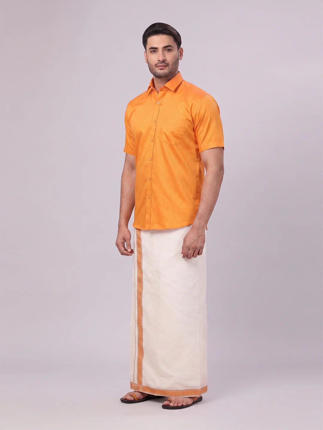 Men's Cotton Orange Shirt and Airtex Matching Border Dhoti Combo Nector - Image 6